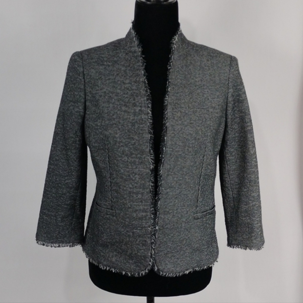 Ann Taylor Grey Tweed Open Blazer With Fringe Women's Size 10 Career Business